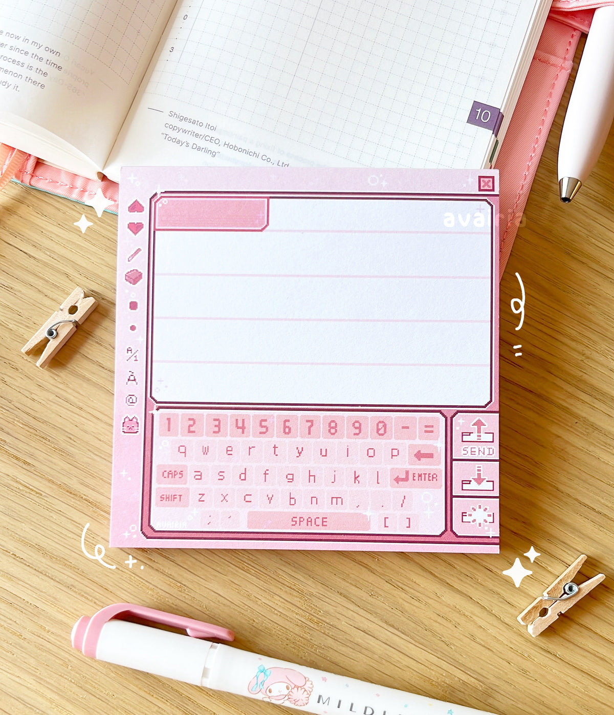 A Pink memo pad with a retro chat room design inspired by pictochat.