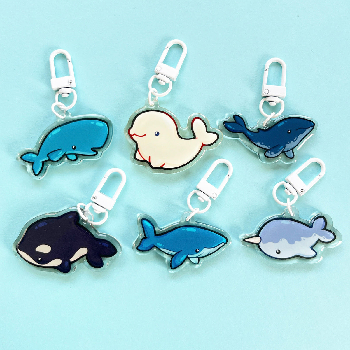 A set of different whale acrylic charm designs with white clasp accessories. From top left to bottom right - sperm whale, beluga whale, humpback whale, orca, blue whale and a narwhal.