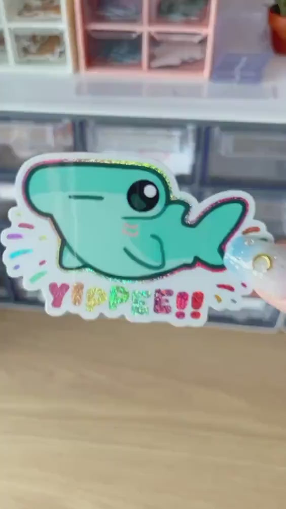 Hammerhead Shark "Yippee!!" ⋆ Vinyl Glitter Sticker ⋆ Cute Shark Meme Ocean Marine Animals
